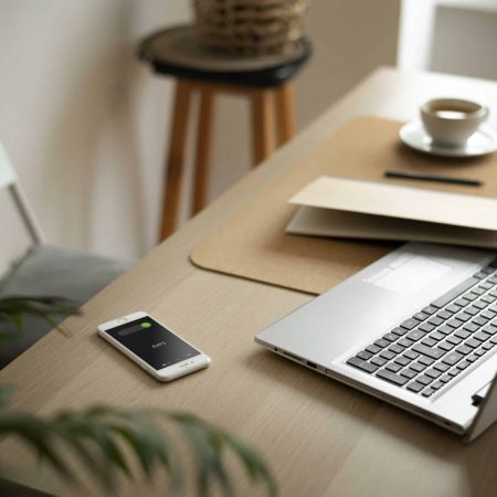 un poste de télétravail : un ordinateur portable est posé sur une table